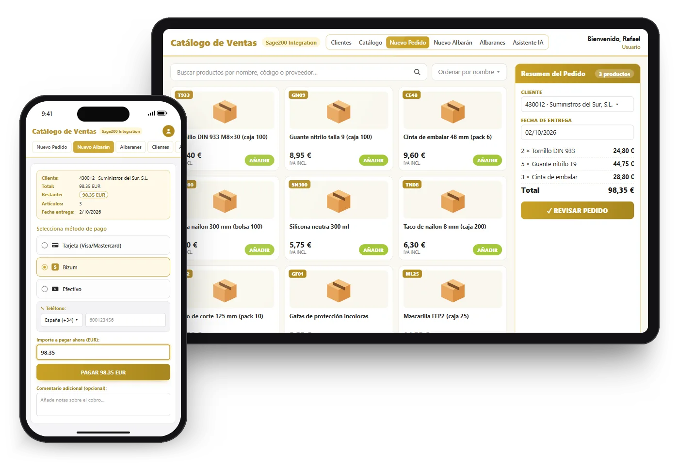 Tableta con el catálogo de ventas, los artículos y el resumen del pedido del cliente, y móvil con el cobro del pedido por Bizum