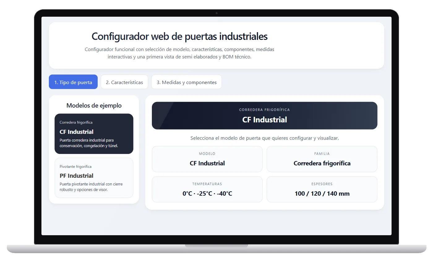 Portátil con el configurador de puertas industriales en la elección de modelo, con la corredera frigorífica seleccionada y sus temperaturas y espesores
