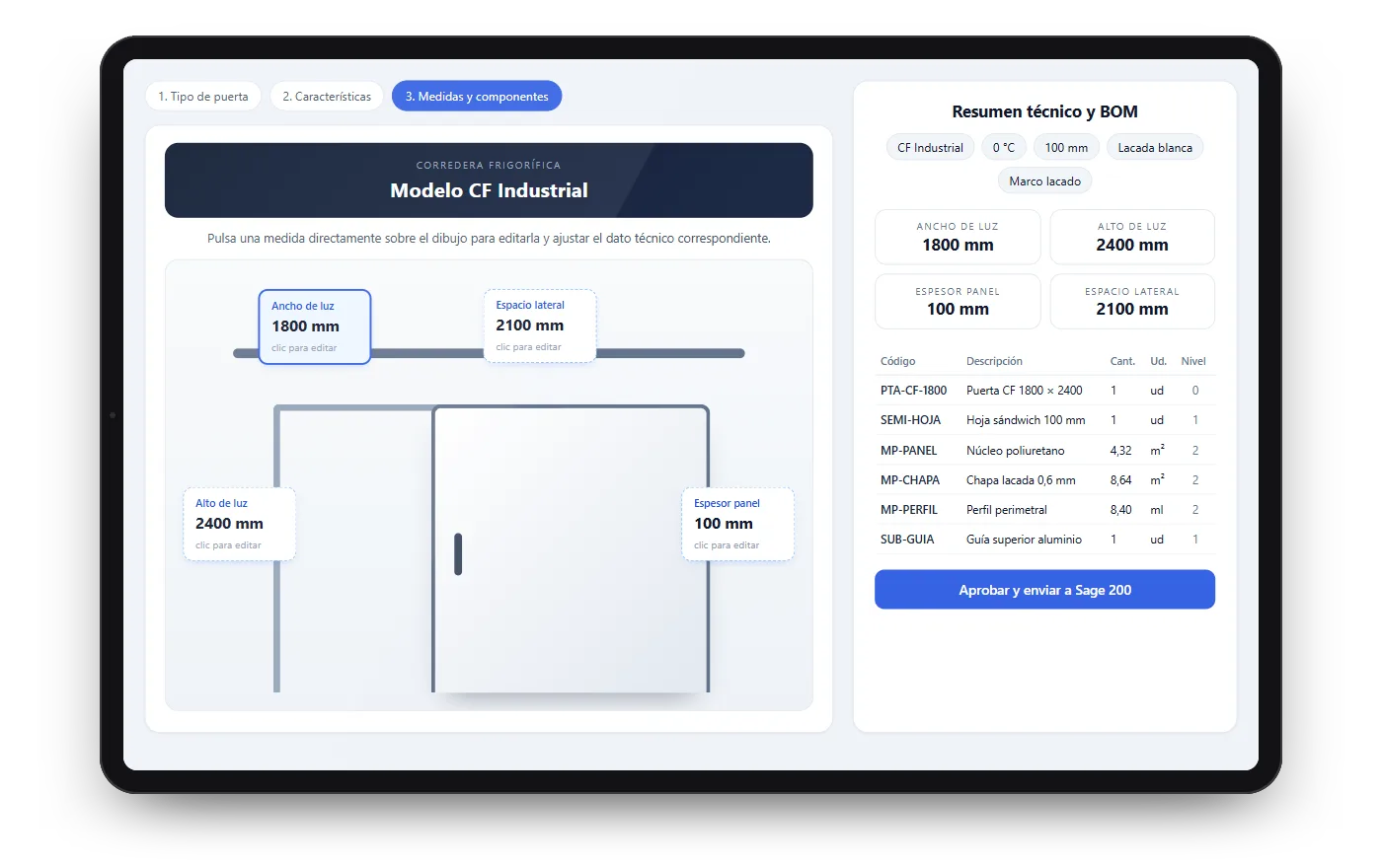Configurador de fabricación en una tableta: la puerta dibujada con sus cotas editables y el despiece de materiales listo para Sage 200