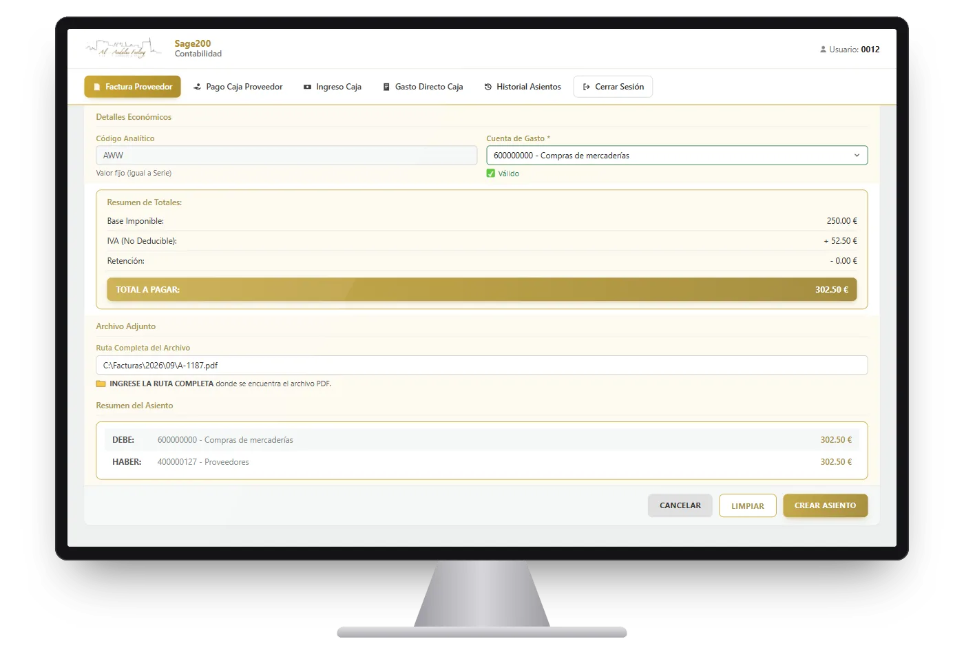Monitor con el final del alta de una factura: el resumen de totales, el PDF adjunto y el asiento que se va a crear, con su debe y su haber