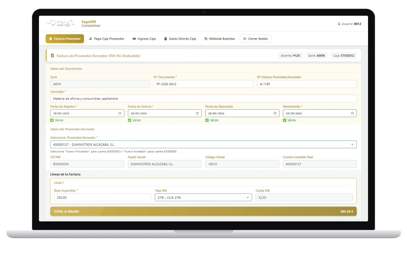 Portátil con el formulario web de factura de proveedor: fechas validadas, proveedor seleccionado, línea con su IVA y el total a pagar, que crea el asiento en Sage 200