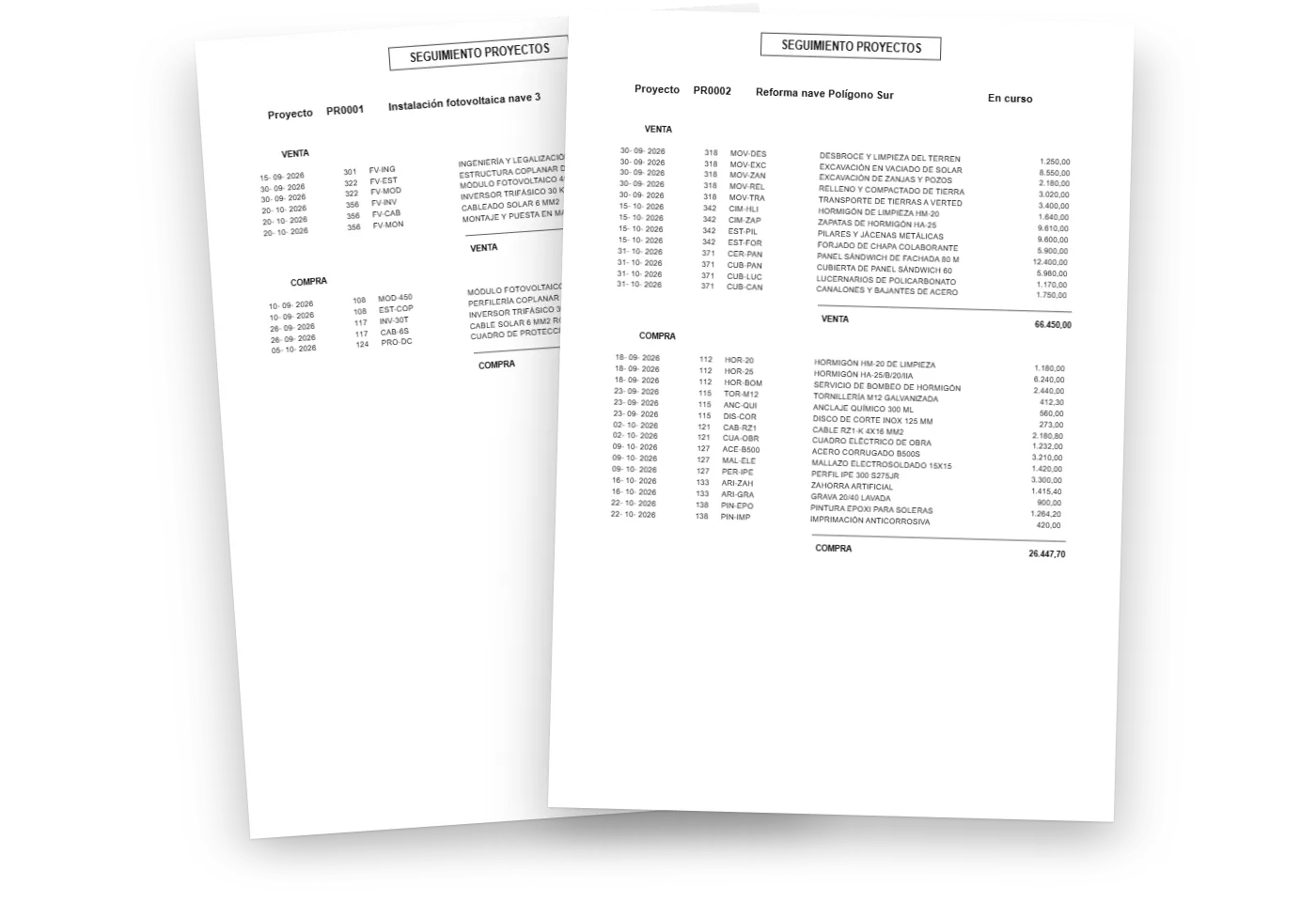 Dos hojas del informe impreso de seguimiento de proyectos, con las ventas y las compras de cada obra y sus totales