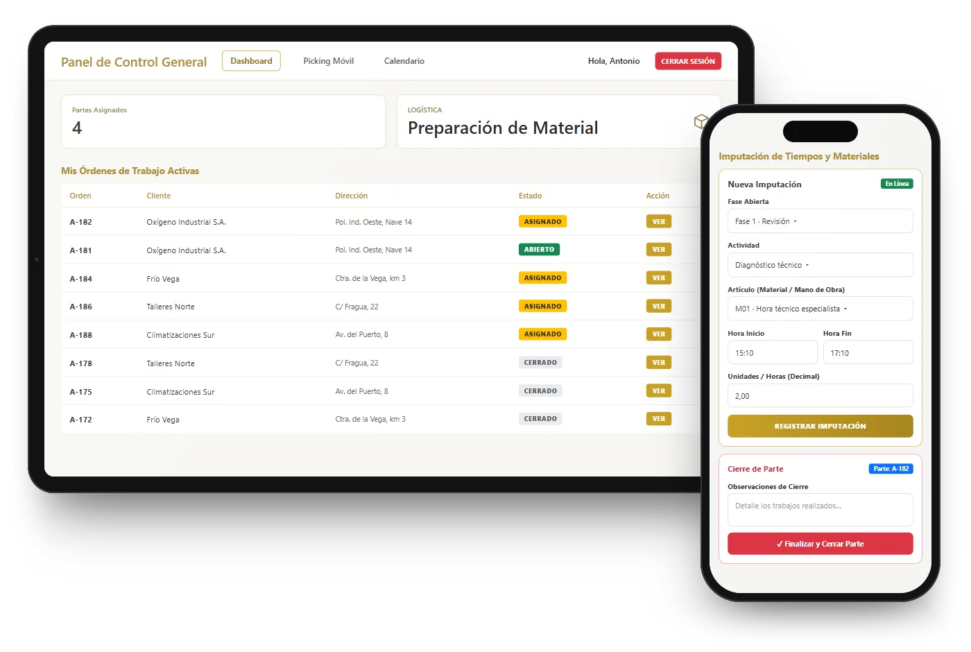 Gestión de Partes en una tableta con las órdenes de trabajo activas y, delante, el móvil del técnico registrando horas y cerrando el parte