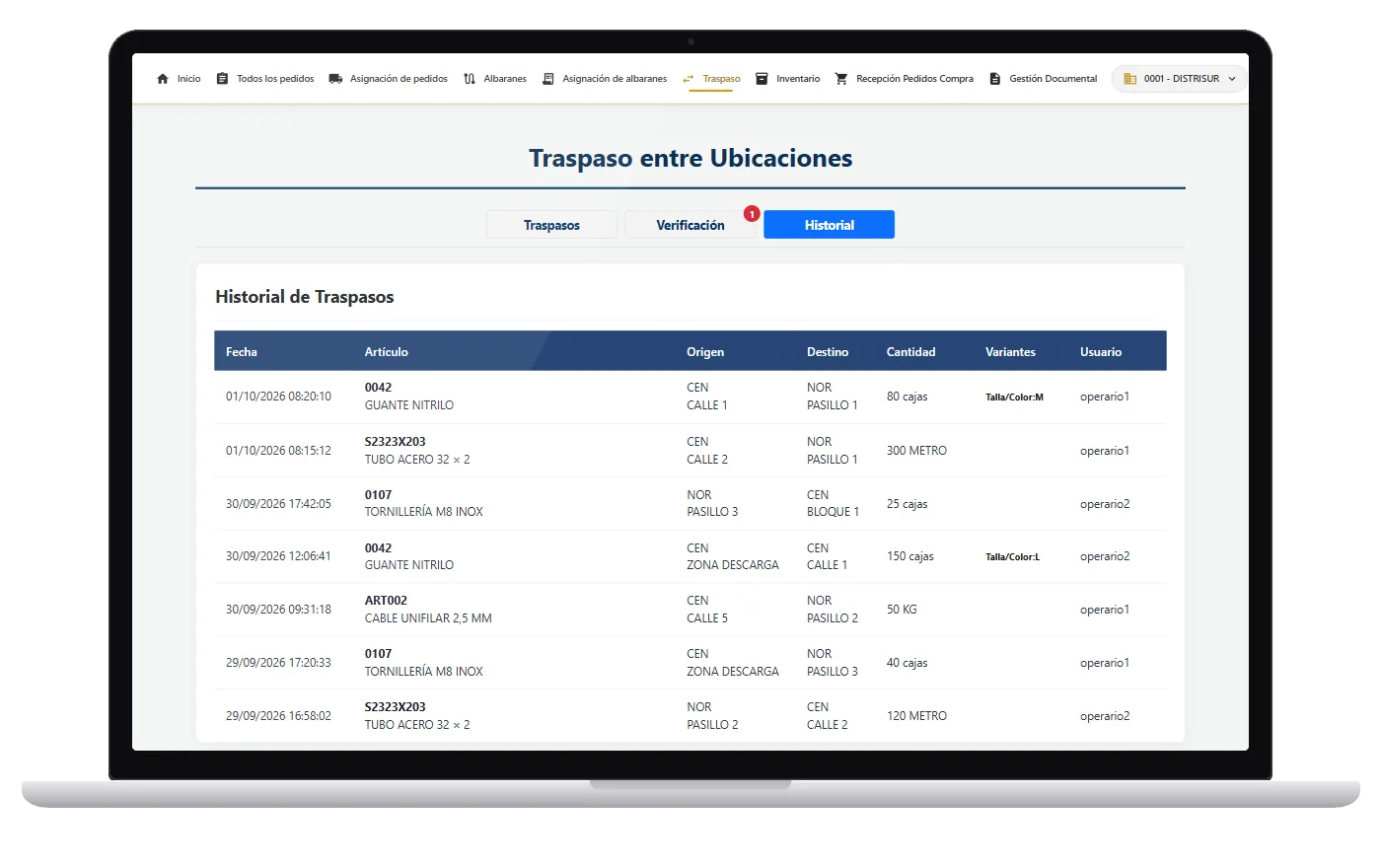 Pantalla del SGA con el historial de traspasos entre ubicaciones: artículo, origen, destino, cantidad y operario