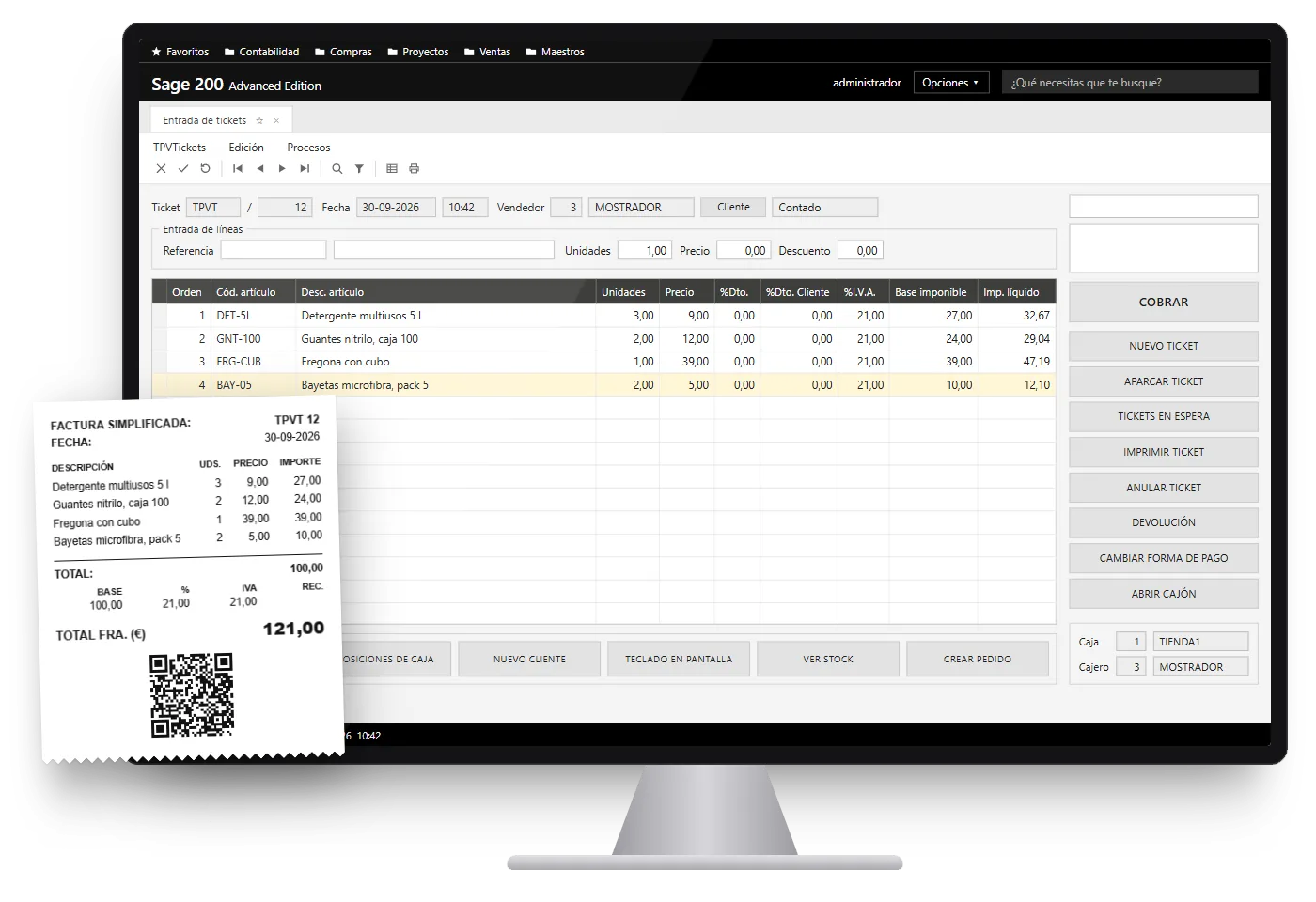 Monitor con la entrada de tickets del TPV en Sage 200 y la factura simplificada impresa con su código QR de Verifactu
