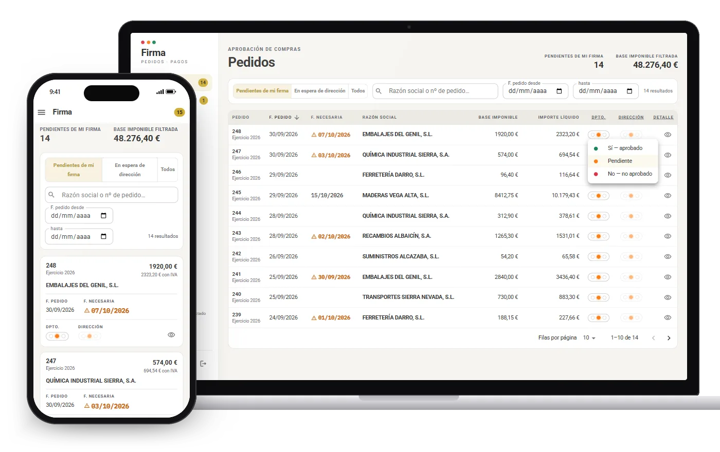 Portátil con la lista de pedidos de compra pendientes de firma y el menú para aprobarlos, y delante el mismo portal en el móvil, con los pedidos en tarjetas y sus semáforos de firma